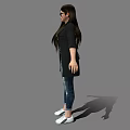 Stylish Woman Wearing Black Jacket White Top Blue Jeans And White Sneakers With Sunglasses