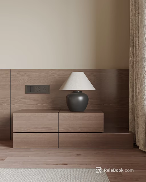 Modern Minimalist Bedside Table With White Shade Lamp And Drawers On Wooden Wall Panel 3d model 
