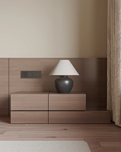 Modern Minimalist Bedside Table With White Shade Lamp And Drawers On Wooden Wall Panel 3d model