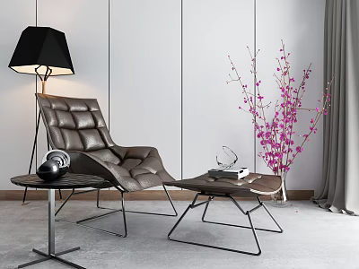 Single Sofa with Floor Lamp Small Table Ottoman Purple Flowers Gray Curtains and White Walls 3d model