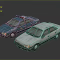 Blue Police Car With Emergency Lights And White Sedan Parked Together