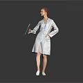 Woman Doctor In White Coat Holding Tablet Standing Against Gray Background