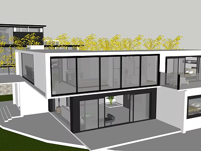 Modern Detached Villa Exterior With Large Glass Windows And Yellow Trees 3d model