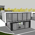 Modern Detached Villa Exterior With Large Glass Windows And Yellow Trees
