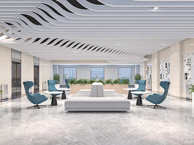 Modern Luxury Elevator Lobby With White Marble Floor Blue Chairs Wavy Ceiling Green Plants And Windows 3d model