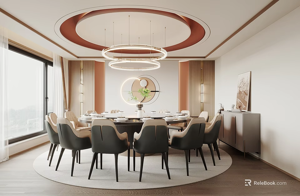 Elegant Modern Private Dining Room Interior With Round Table Chandeliers And Large Windows 3d model 
