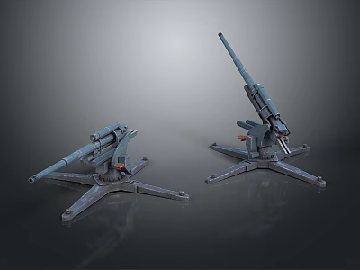 Two Anti Aircraft Guns 3D Model With Metallic Texture And Gray Background Stands 3d model