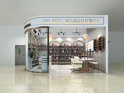 Modern Skin Care Center Interior With Glass Display Shelves Treatment Chairs And Lighting 3d model