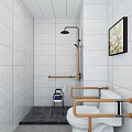 Clean Modern Bathroom Interior With White Tile Walls Black Shower Fixtures And Wooden Grab Bars