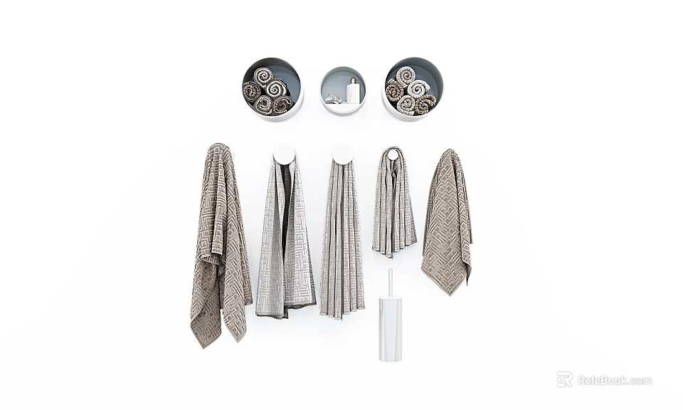 Various Hanging Towels With Textured Patterns And Circular Storage Trays 3d model 