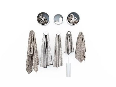 Various Hanging Towels With Textured Patterns And Circular Storage Trays 3d model