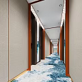 Modern Elevator Lobby With Wooden Panels And Art Murals 3d model