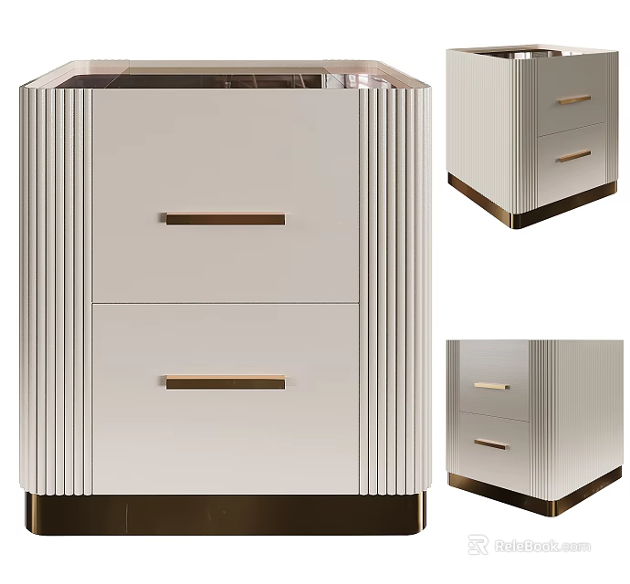 Modern White Nightstand Design With Two Drawers Gold Handles And Metal Base 3d model 