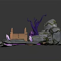 Cartoon Scene Featuring Wooden Bridge Gray Rocks Purple Twisted Plants And Pink Crystals