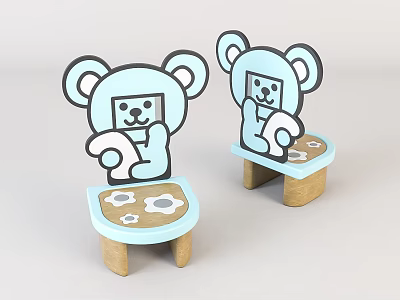 Cute Bear Shaped Kids Stool With Light Blue Wooden Base And Gear Patterns 3d model