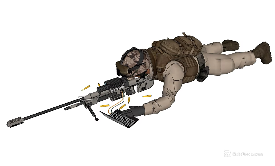 Man in tactical gear lying prone with sniper rifle scattered bullets and tablet 3d model 