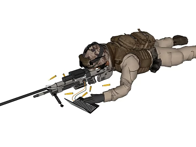 Man in tactical gear lying prone with sniper rifle scattered bullets and tablet 3d model