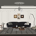 French Middle Style Living Room Sofa Coffee Table Combination Leather Three-Person Sofa Middle Style Leisure Chair Middle Style Floor Lamp Middle Style Hanging Painting Chandelier Jewelry Ornaments 3d model