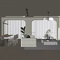 Modern Living and Dining Room Interior With Beige Sofa Dining Table Chairs Pendant Lights and Plants