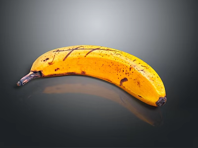 Ripe Yellow Banana With Natural Brown Spots On Dark Reflective Surface 3d model