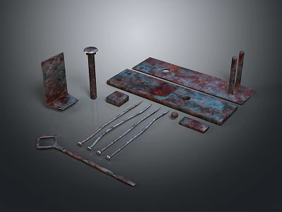 Assorted Industrial Metal Equipment Including Plates Rods And Tools 3d model
