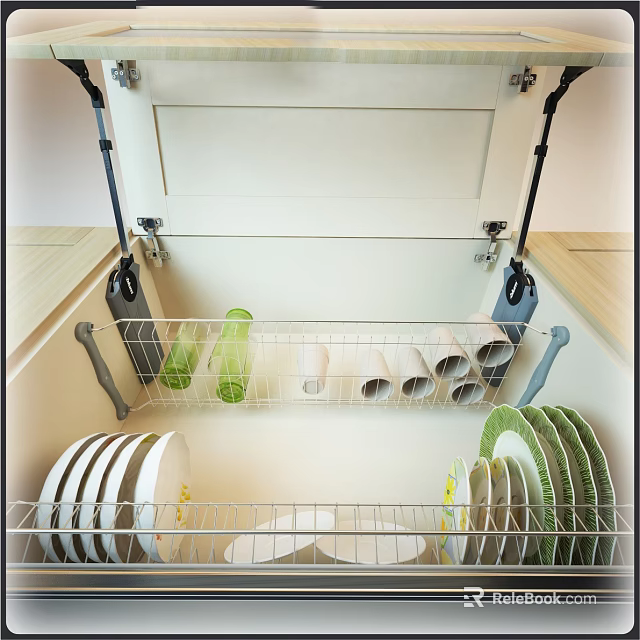 White Kitchen Cabinet Interior With Metal Racks Holding Dishes Cups And Green Bottles 3d model 