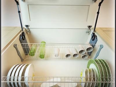 White Kitchen Cabinet Interior With Metal Racks Holding Dishes Cups And Green Bottles 3d model