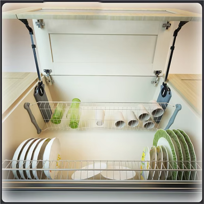 White Kitchen Cabinet Interior With Metal Racks Holding Dishes Cups And Green Bottles 3d model