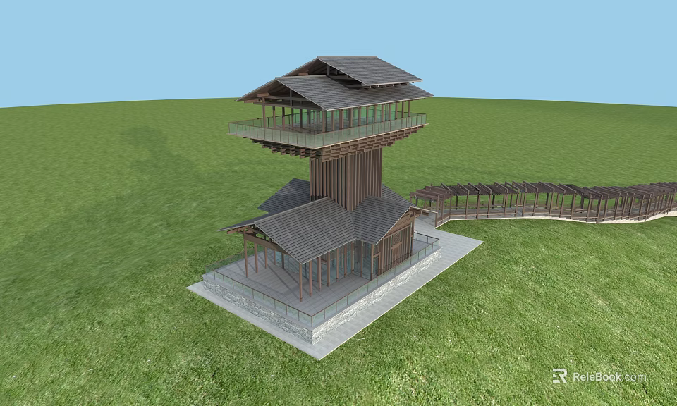 Traditional Multi tiered Tower With Wooden Structure Tile Roof And Green Grassland Connected Corridor 3d model 