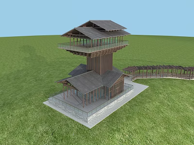 Traditional Multi tiered Tower With Wooden Structure Tile Roof And Green Grassland Connected Corridor 3d model
