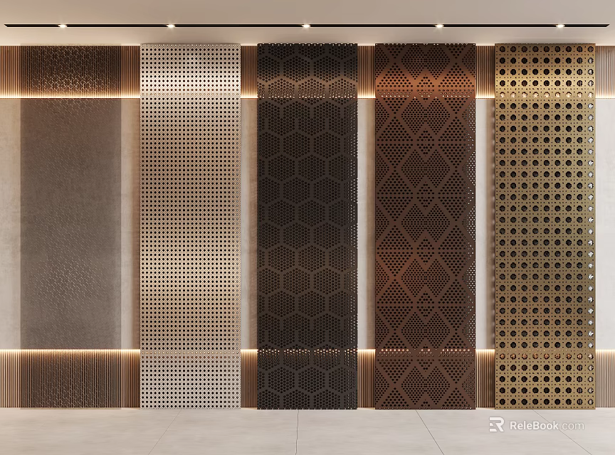 Modern Wall Panels Featuring Various Geometric Patterns And Perforated Designs For Interior 3d model
