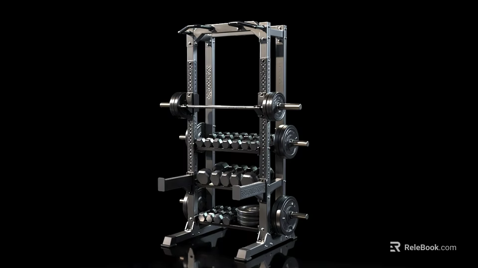 Metal Gym Equipment Squat Rack With Barbell And Dumbbells On Black Background 3d model 