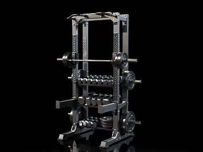 Metal Gym Equipment Squat Rack With Barbell And Dumbbells On Black Background 3d model