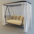 Cozy Hanging Chair With Beige Cushions Dark Frame And White Curtains