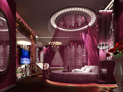 Elegant Purple Hotel Room Interior Featuring Round Bed Canopy Carved Screen And Chandelier 3d model