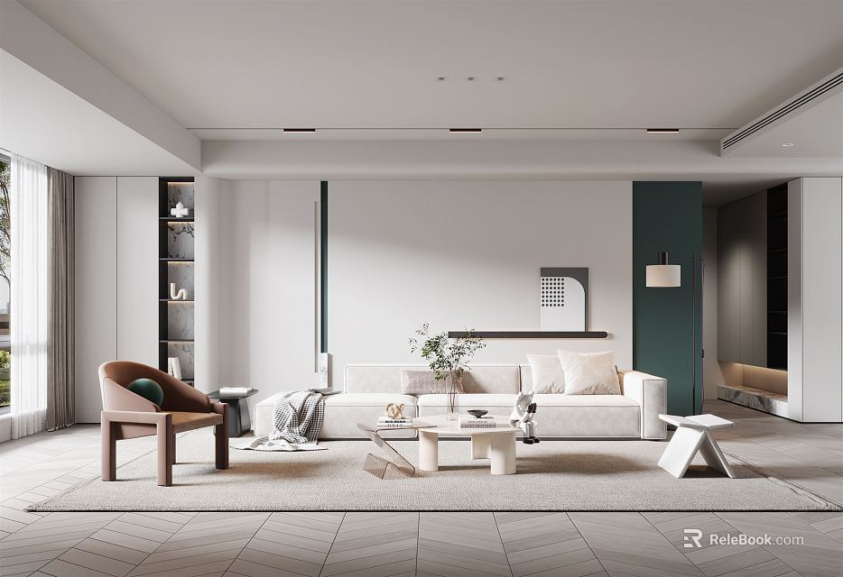 Modern Living Room Interior With White Green Sofa Brown Accent Chair Coffee Table And Rug 3d model 