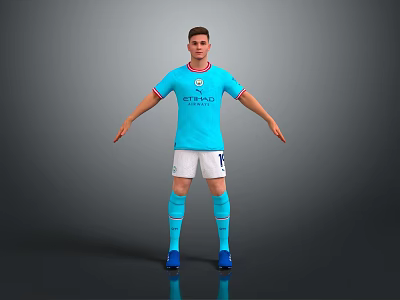 A Man Wearing Manchester City Blue Jersey White Shorts Blue Socks And Blue Shoes Standing 3d model