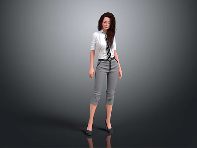 Professional Woman In White Shirt With Tie Gray Cropped Pants And Black High Heels 3d model
