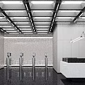 Modern Minimalist Office Reception Desk With Smart Facial Recognition Turnstiles In Sleek Bright Commercial Lobby