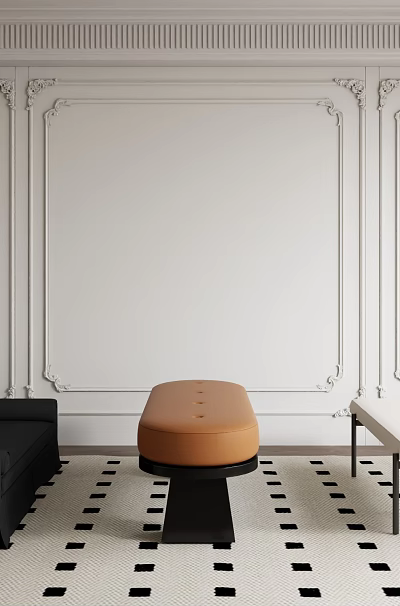 Modern Stool In Elegant Room With Decorative Panel Walls And Checkered Rug 3d model