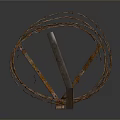 Rusty Coiled Barbed Wire Structure With Wooden Stakes And Spiral Form