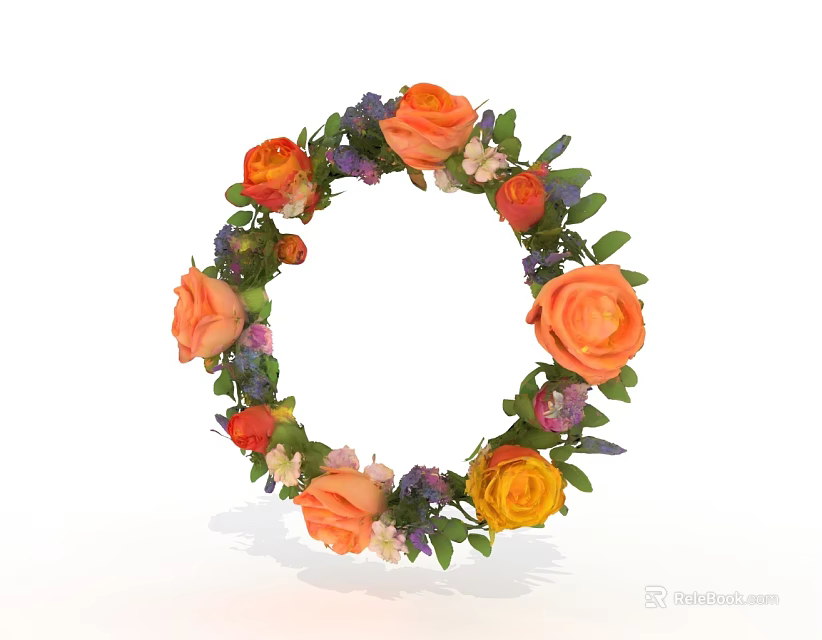 Colorful Flower Wreath With Orange Yellow Pink Roses And Green Leaves 3d model 