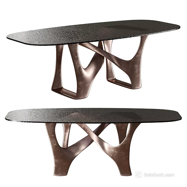 Modern Dining Table With Unique Copper Metal Legs And Black Textured Top 3d model 