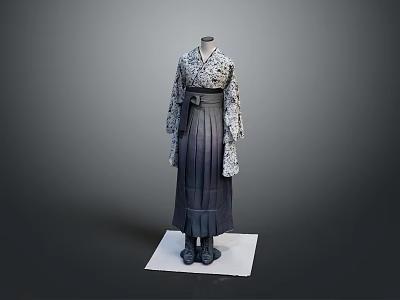 Traditional Japanese Kimono With Intricate Floral Pattern And Dark Gradient Skirt On Mannequin 3d model