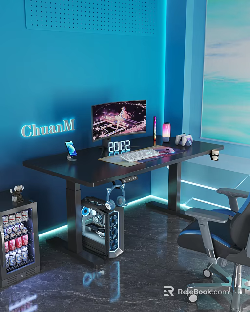 Gaming Desk With Blue LED Lights Computer Monitor Phone Holder And 2023 3d model 