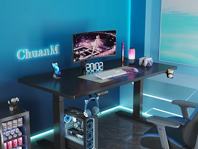 Gaming Desk With Blue LED Lights Computer Monitor Phone Holder And 2023 3d model