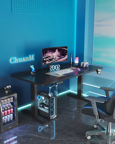 Gaming Desk With Blue LED Lights Computer Monitor Phone Holder And 2023 3d model