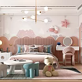 Kids Room Decor With Pink Wall Cloud Star Design Pink Headboard Colorful Stools Stuffed Bear