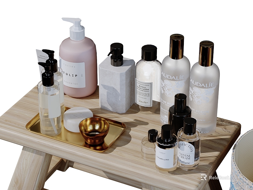 Elegant Bathroom Accessories Displayed On Wooden Tray With Lotion Bottles Gold Tray And White Container 3d model 