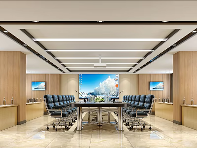 Modern Conference Room With Large Table Black Chairs Large Screen Wooden Walls And Marble Floor 3d model